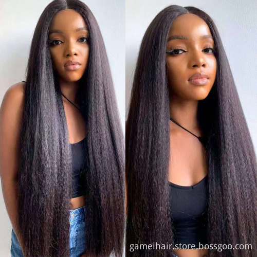 Kinky Straight Wig Glueless Brazilian Yaki Straight Lace Front Human Hair Wig For Black Women Pre Plucked Bleached Knot Remy Wig